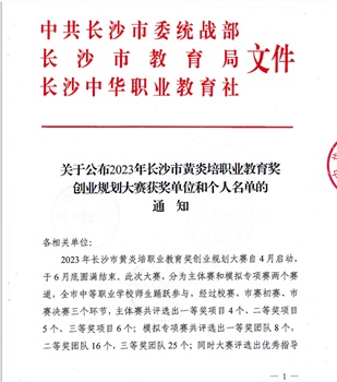 關(guān)于公布2023年長(zhǎng)沙市黃炎培職業(yè)教育獎(jiǎng)創(chuàng)業(yè)規(guī)劃大賽獲獎(jiǎng)單位和個(gè)人名單的通知
